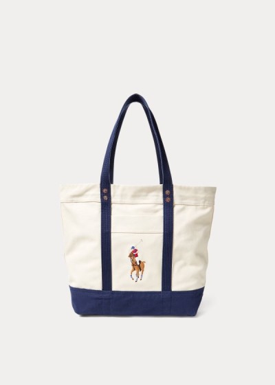 Bolsos De Mano Polo Ralph Lauren Hombre Creme / Azul Marino - Canvas Big Pony - ONTFG0917